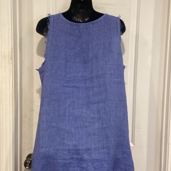 Pure Linen Italian blue Diagonal Raw Edge Linen Dress - Picture 5 of 9